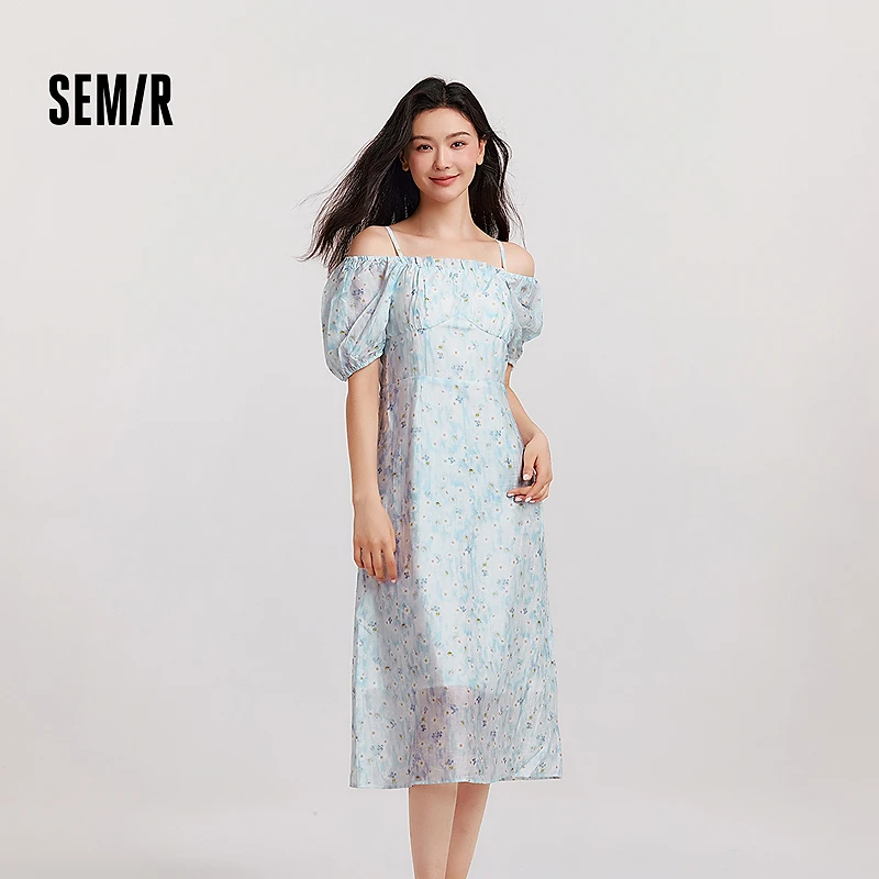 森马连衣裙女一字肩方领吊带修身长裙温柔夏浪漫肌理碎花裙小清新