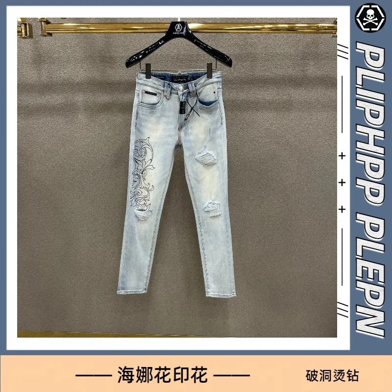 PLIPHPP PLEPN男士夏季牛仔裤高奢破洞烫钻修身时尚休闲印花 9943