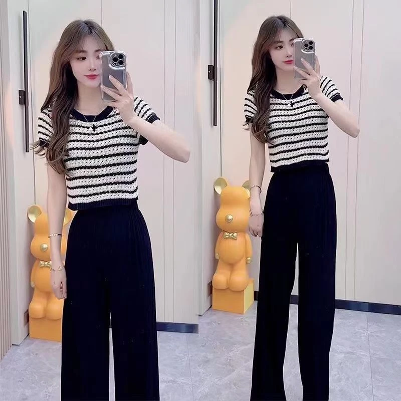 夏季2025年新款女装撞色条纹短袖上衣阔腿休闲裤时尚套装女两件套