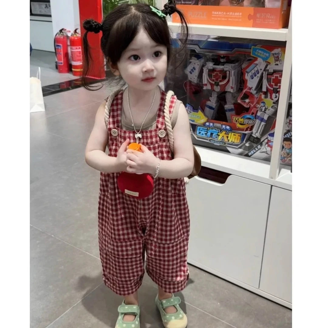 韩国童装2025春夏款洋气格子可调节休闲背带裤女宝宝宽松萝卜裤