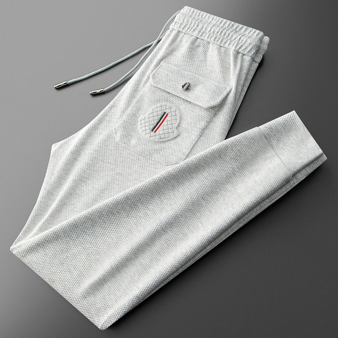 夏季高端时尚菠萝纹华夫格卫裤男士潮牌运动修身小脚透气休闲裤男