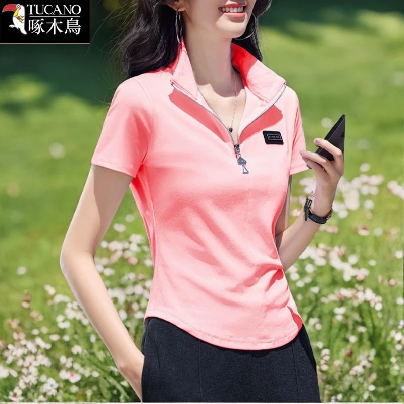 啄木鸟夏季薄款拼接短款短袖T恤2025年新款设计感翻领女显瘦上衣