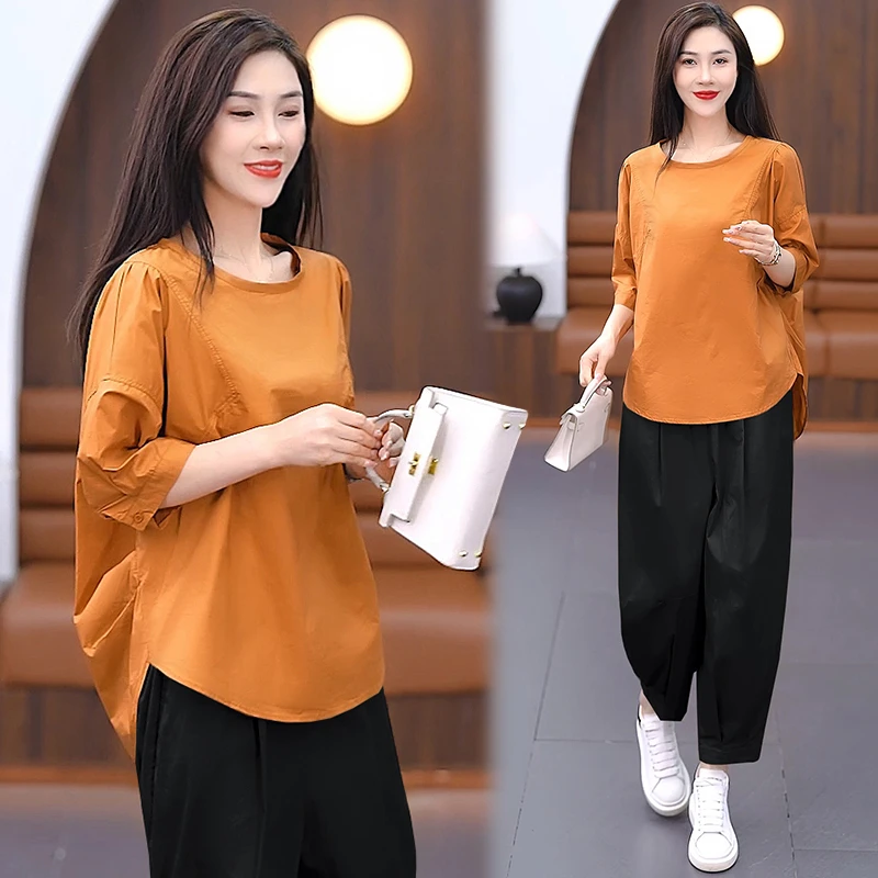 洋气减龄高级感气质上衣哈伦裤套装2025夏新款胖妹妹大码女装套装