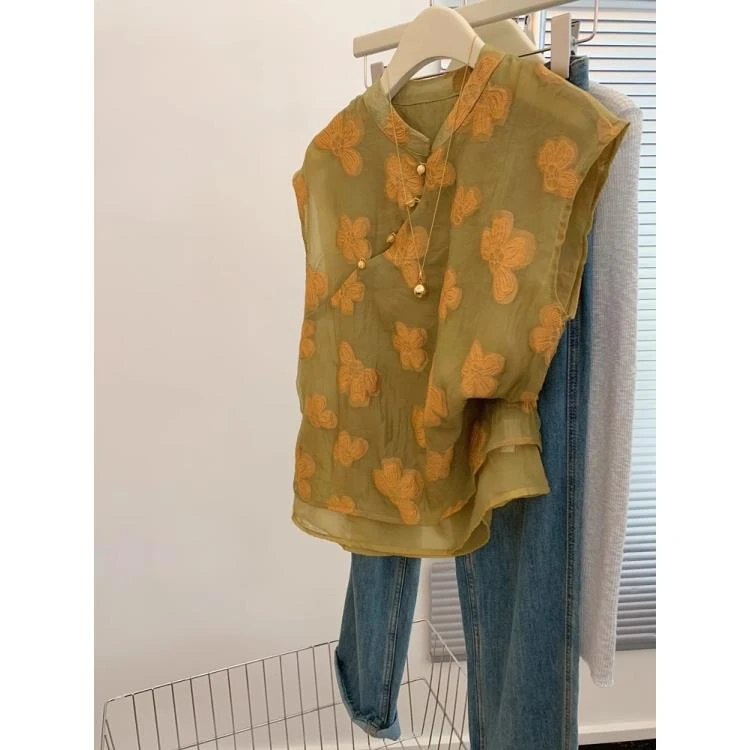 新中式国风刺绣坎肩衬衫背心女无袖上衣夏薄款轻奢高级感2025新款