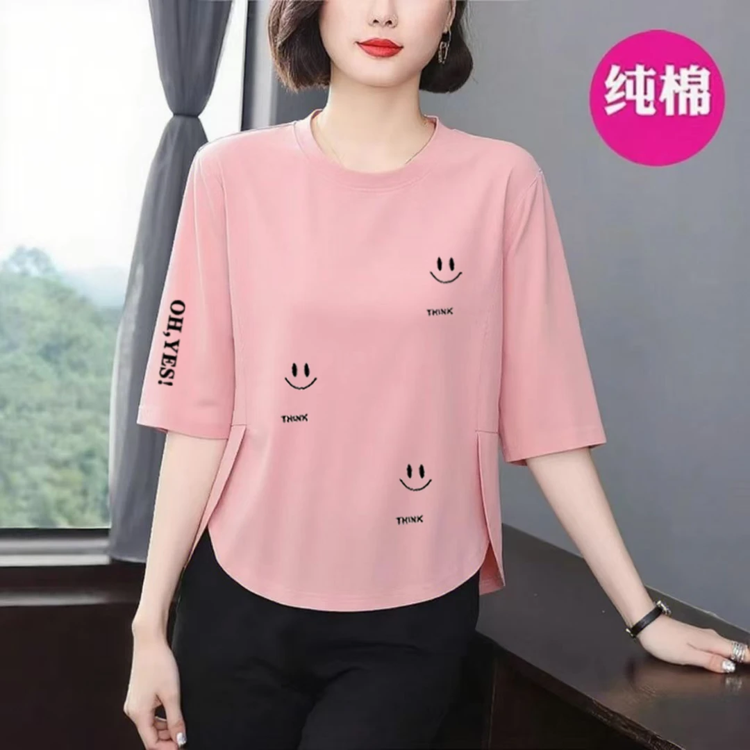 纯棉休闲夏季七分袖t恤女新款宽松显瘦遮肉气质减龄百搭中年上衣