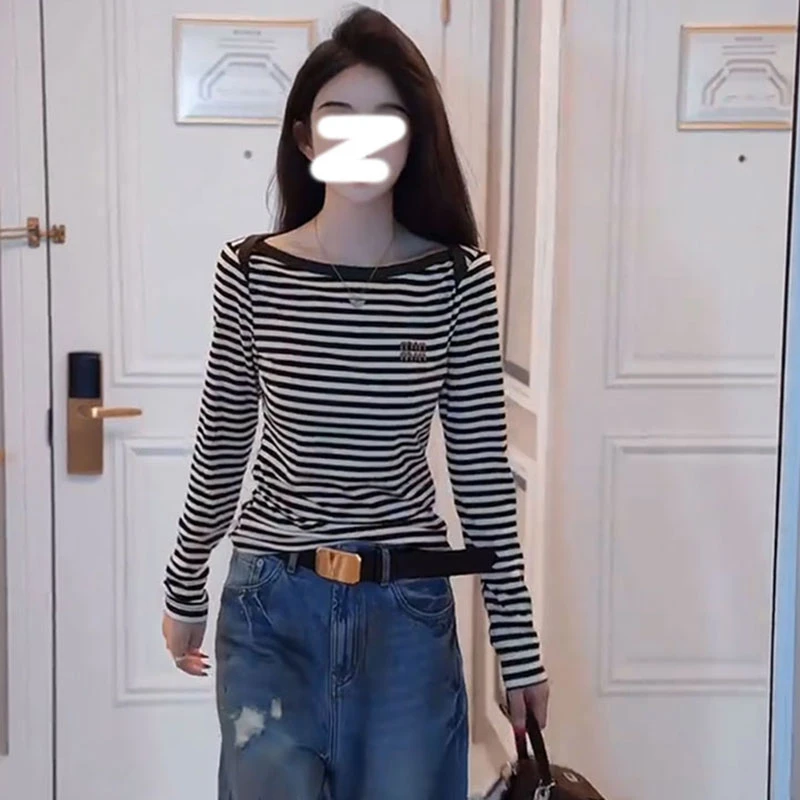 韩系条纹拼色长袖t恤女2025年早秋新款时尚休闲显瘦百搭气质上衣
