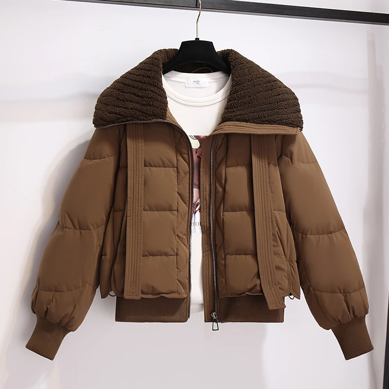 美拉德棕咖色羊羔毛绒拼接翻领羽绒服女冬季户外新短款户外外套