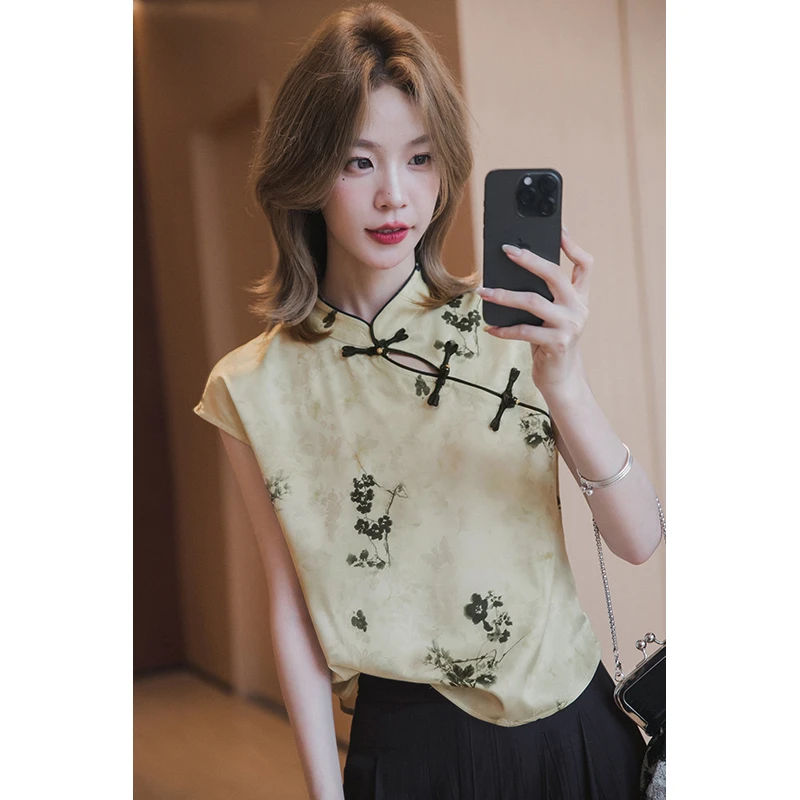 小谷粒海棠衬衫缎面印花面料顺滑舒适新中式立领盘扣国风短袖上衣