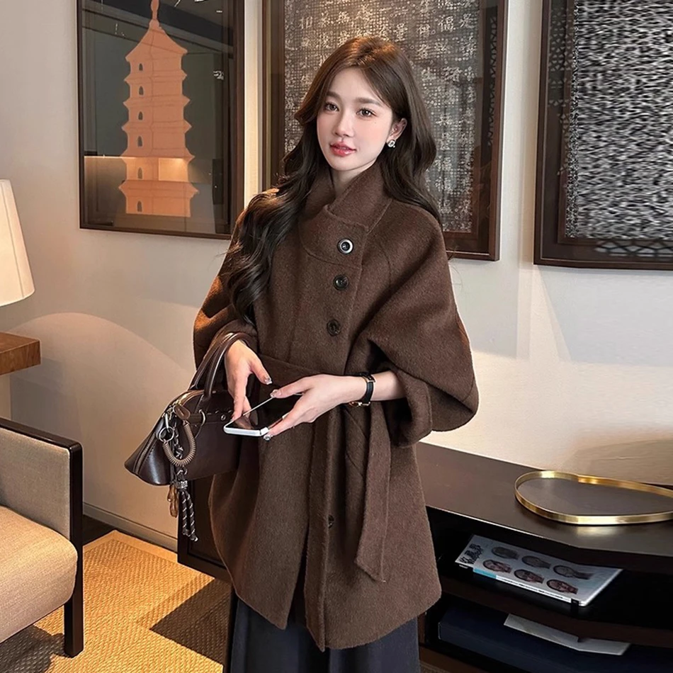 2025秋冬复古中长款双面绒毛呢外套女上档次立领小个子呢子大衣