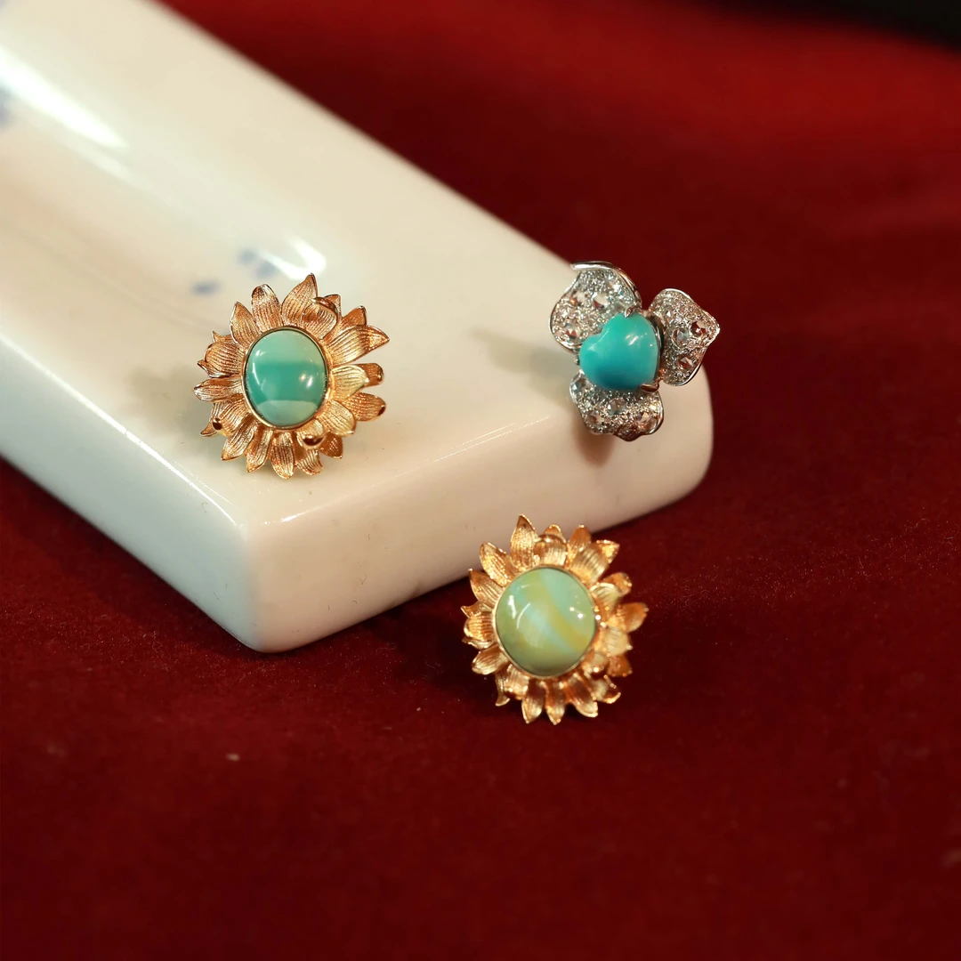 霖泽|绿松石向日葵花朵18k金配饰复古国风时尚潮流百搭气质0126