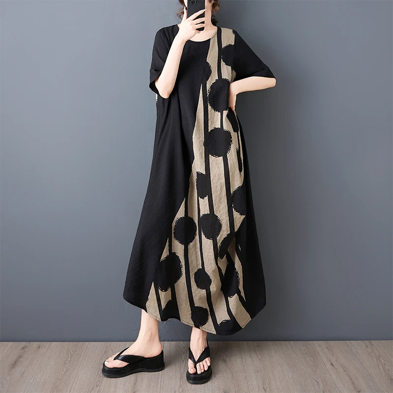 外贸日系原单宽松显瘦森系亚麻文艺女遮肚大摆撞色拼接印花连衣裙