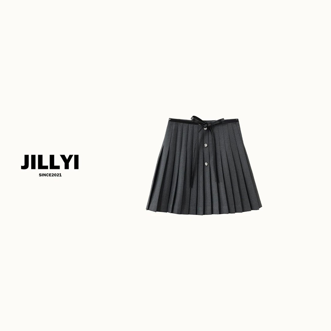 JILLYI南山店【暗夜甜心】深灰色蝴蝶结绑带半裙时百褶裙拼接学院风