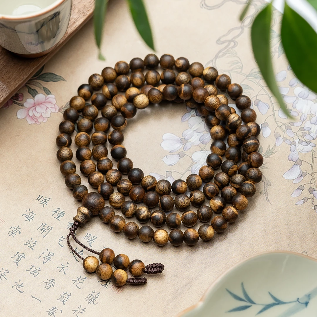 沉香海南白奇沉香99分结香糖结虫漏花珠118颗圆珠多圈手串