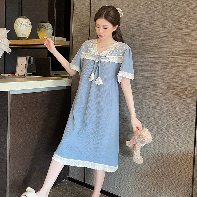 带胸垫睡裙女款爆款2025新款双层棉纱女士睡衣纯棉100%全棉家居服