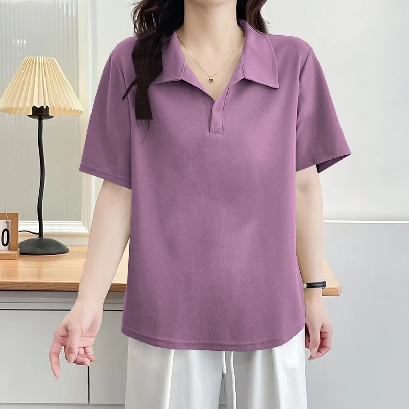 薄款女装短袖体恤2025夏季新款简约休闲气质百搭小众纯色翻领上衣
