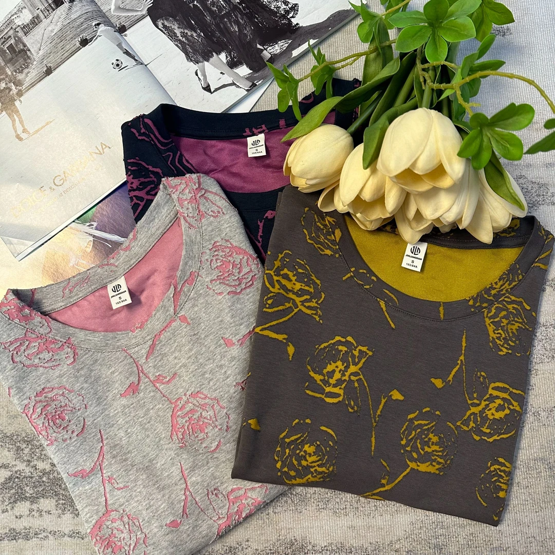 【烧花玫瑰5028】新疆长绒棉-显瘦百搭夏季女士修身印花圆领短袖T恤