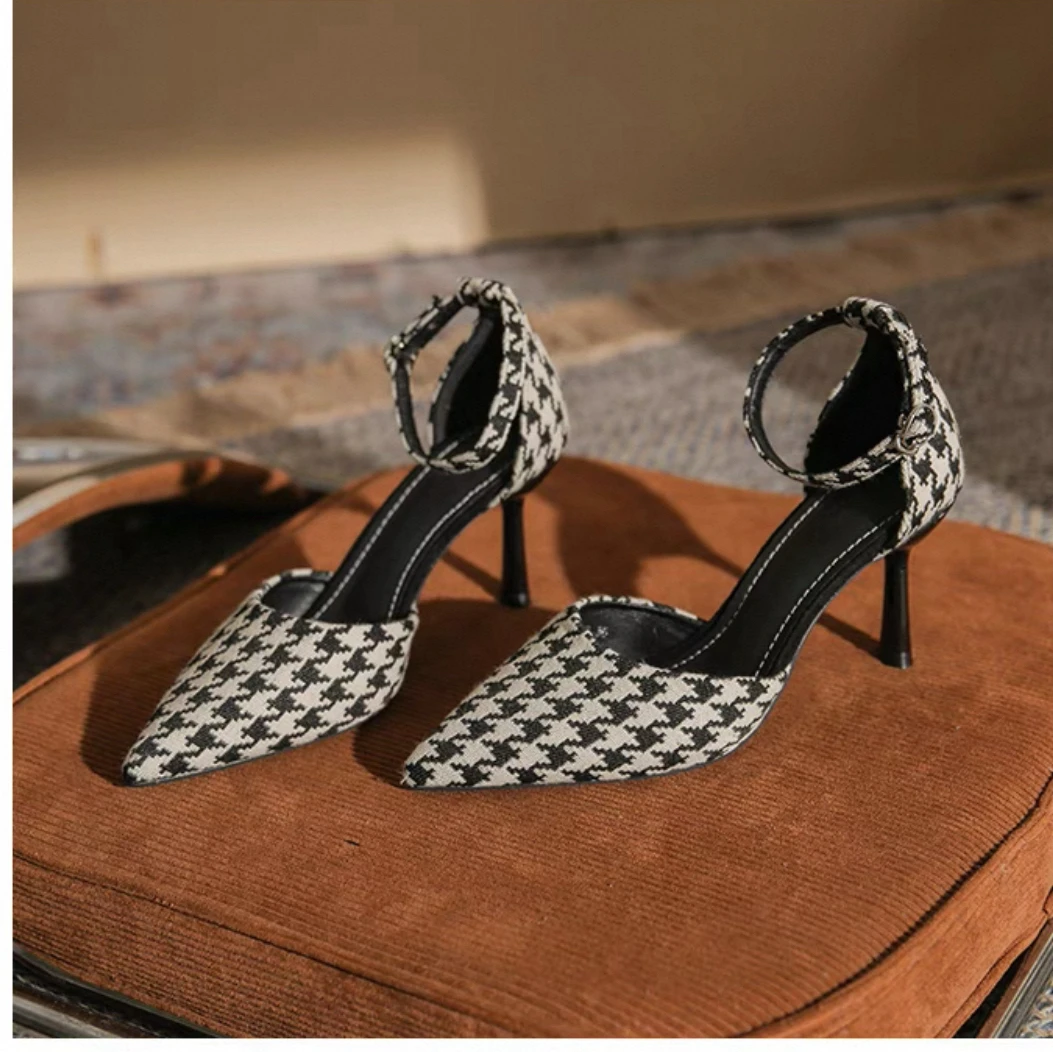 法式千鸟格名媛风配裙子百搭包头高跟鞋853-0