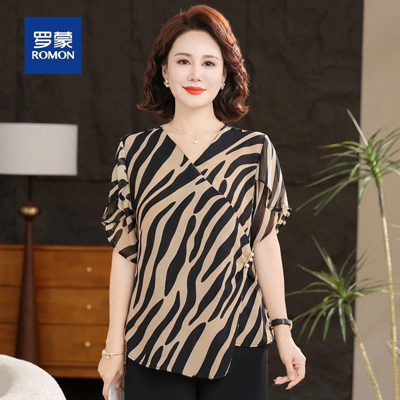 罗蒙中年妈妈夏装雪纺衫套装中老年女洋气短袖贵夫人T恤衫两件套