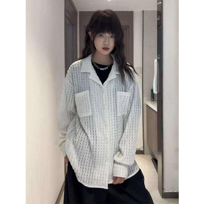 白色镂空针织长袖衬衫男女夏季美式复古衬衣慵懒风休闲防晒外套