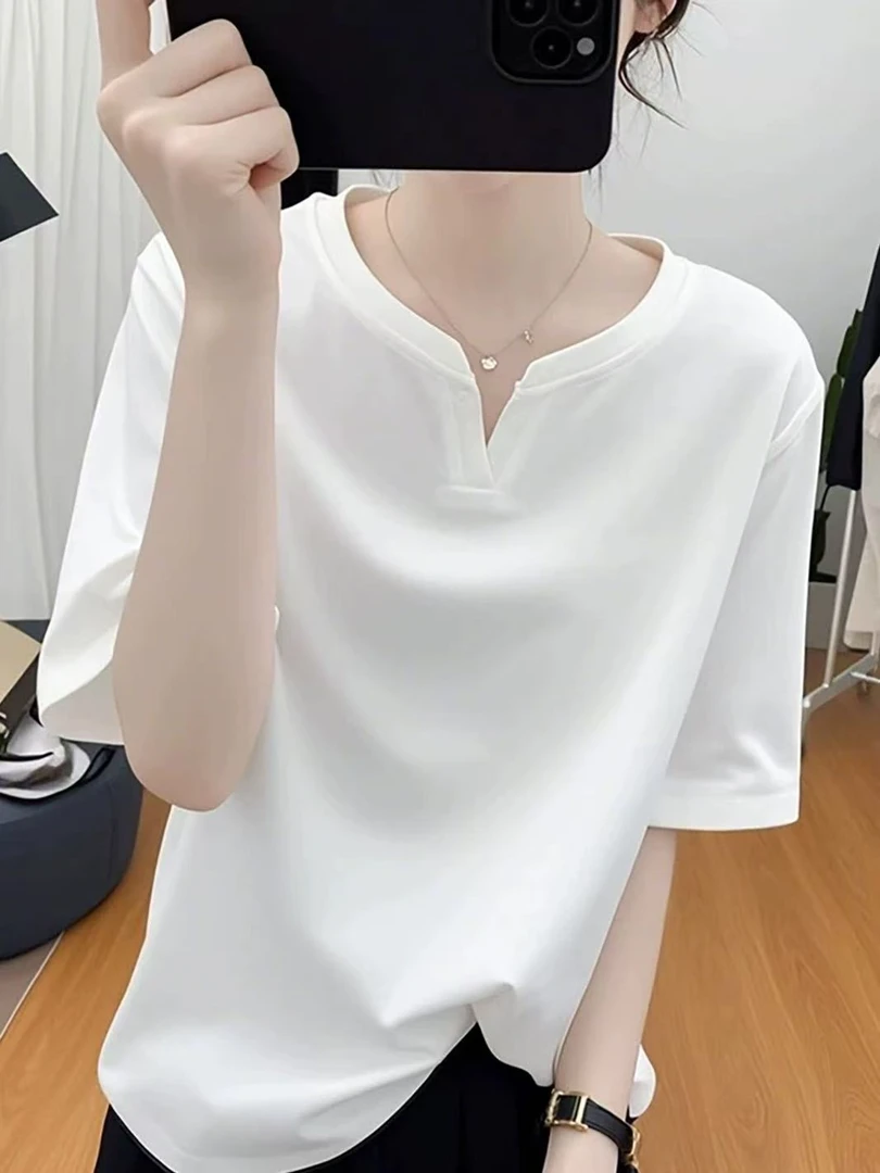 正肩V领白色短袖t恤女2026新款夏季宽松显瘦减龄百搭打底衫上衣潮