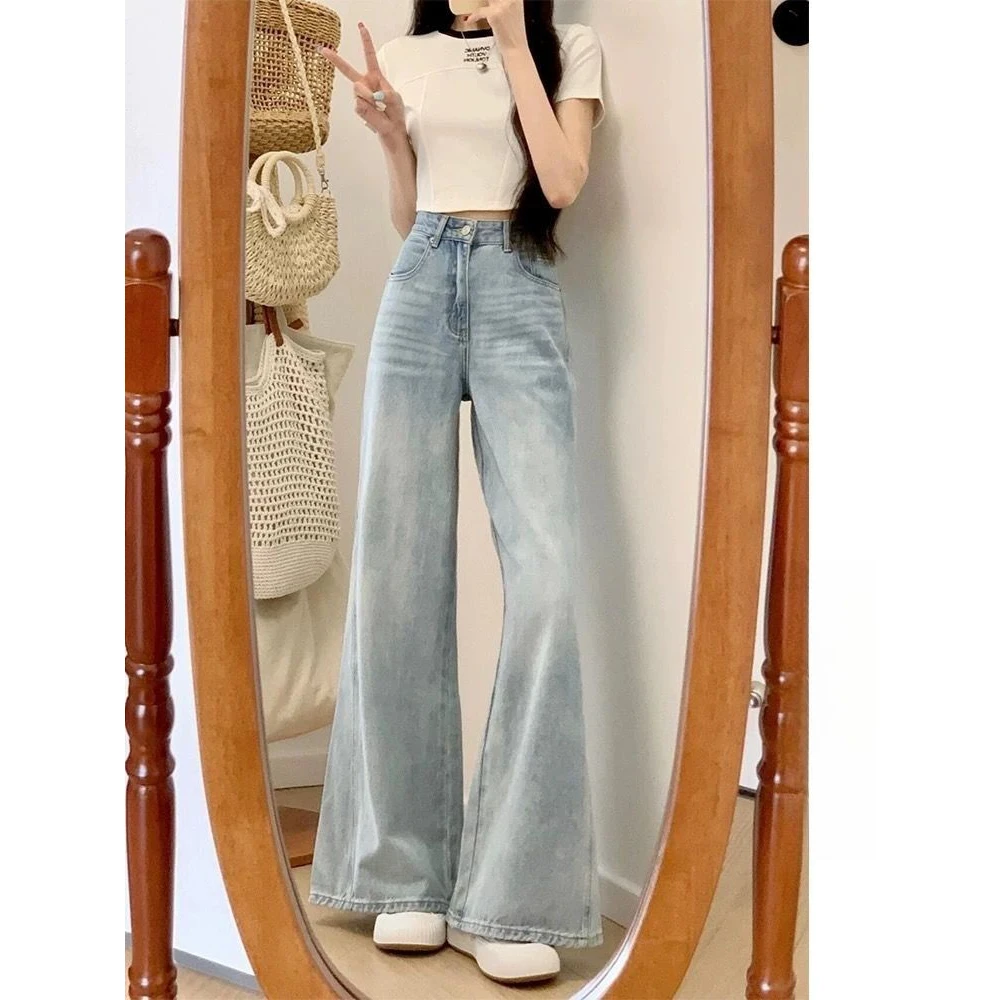 浅蓝色不贴腿微喇牛仔裤女2025春夏季新款中腰百搭牛仔裤垂感长裤