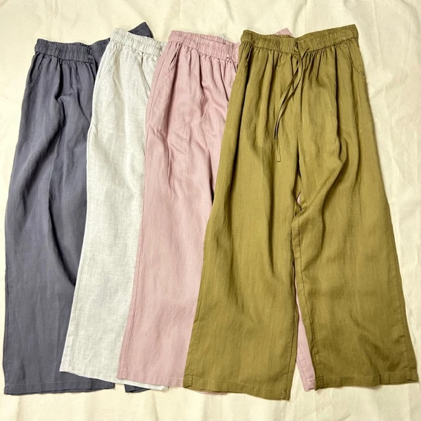 纯原日系松紧腰宽松阔版亚麻女款阔腿裤九分裤