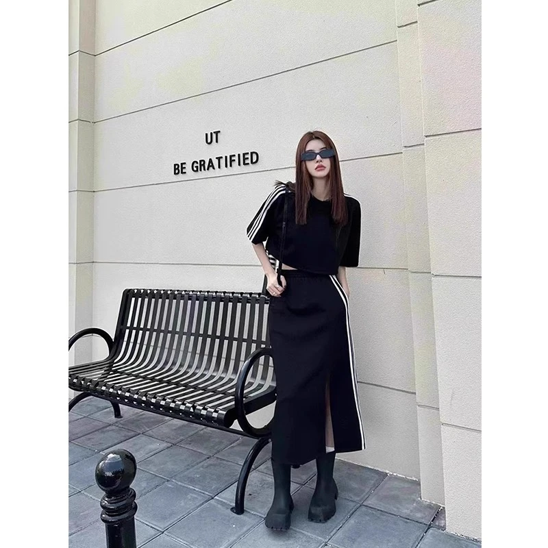 美式黑色运动风套装裙女夏季休闲高级感甜辣风上衣半身长裙两件套