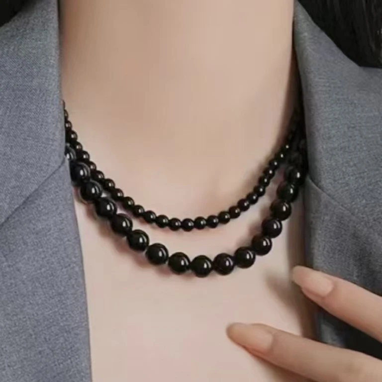 非金属玻璃项链 轻奢钛钢黑珠设计气质百搭毛衣链