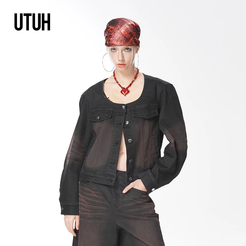 UTUH 黑红喷色圆领洗水百搭复古时尚牛仔外套 TUWWS1W009