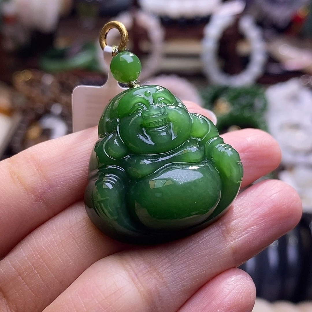 颈饰未镶嵌和田玉老矿料碧玉冰阳绿佛公吊坠