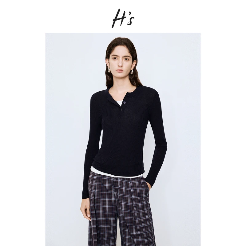 【秋上新】H'S双色圆领针织衫女25秋新款半开门襟修身显瘦毛衣上衣