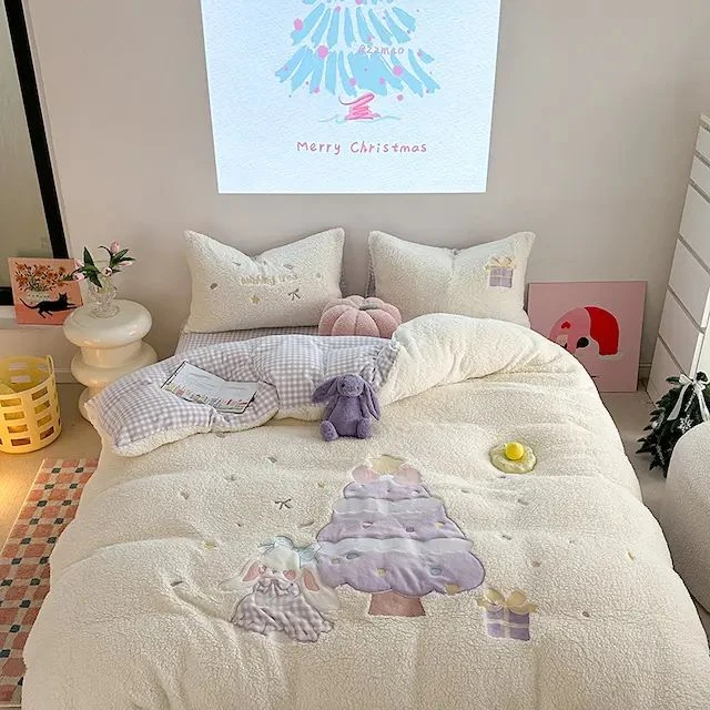 JG 8104 新款A面仿羊羔绒B面牛奶绒四件套 圣诞兔