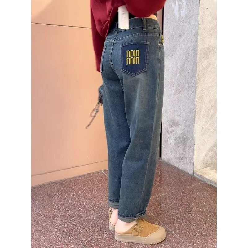 代发高腰哈伦牛仔裤女2024新款春秋季复古刺绣显瘦宽松老爹长裤子