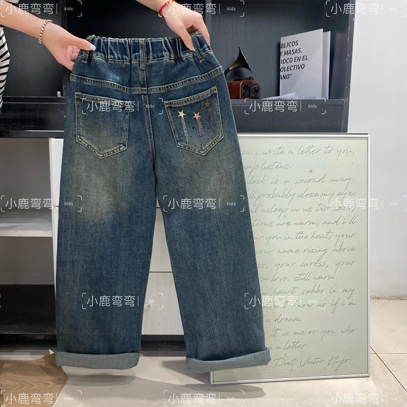 Q107秋季女童新款后袋彩色星星贴钻牛仔长裤