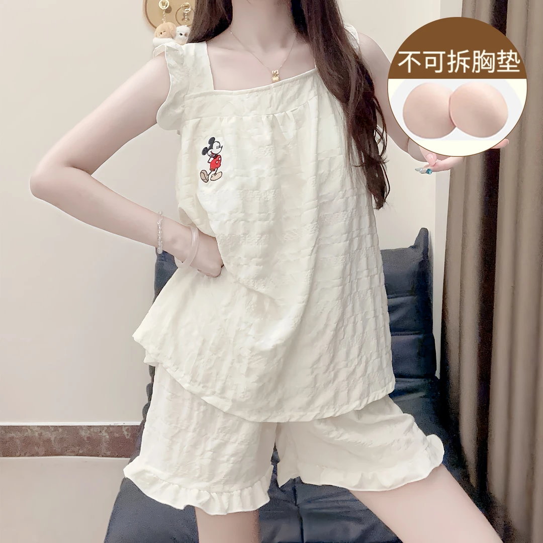 卡通睡衣女夏季天薄款小飞袖云朵棉2025新款带胸垫家居服套装外穿