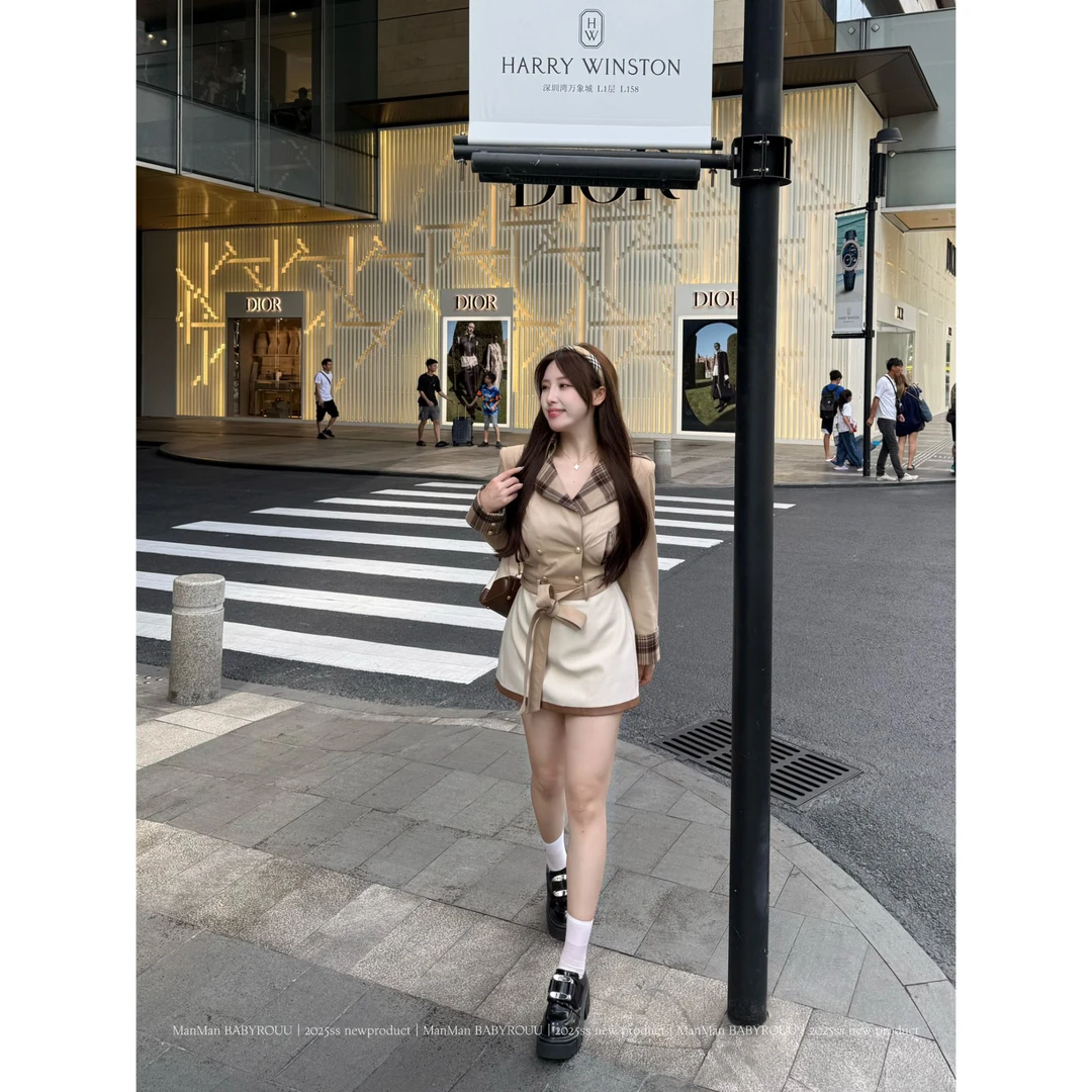 温与柔蔓蔓【现货】【枫糖少女】初秋新款英伦风拼色显瘦小众两件套
