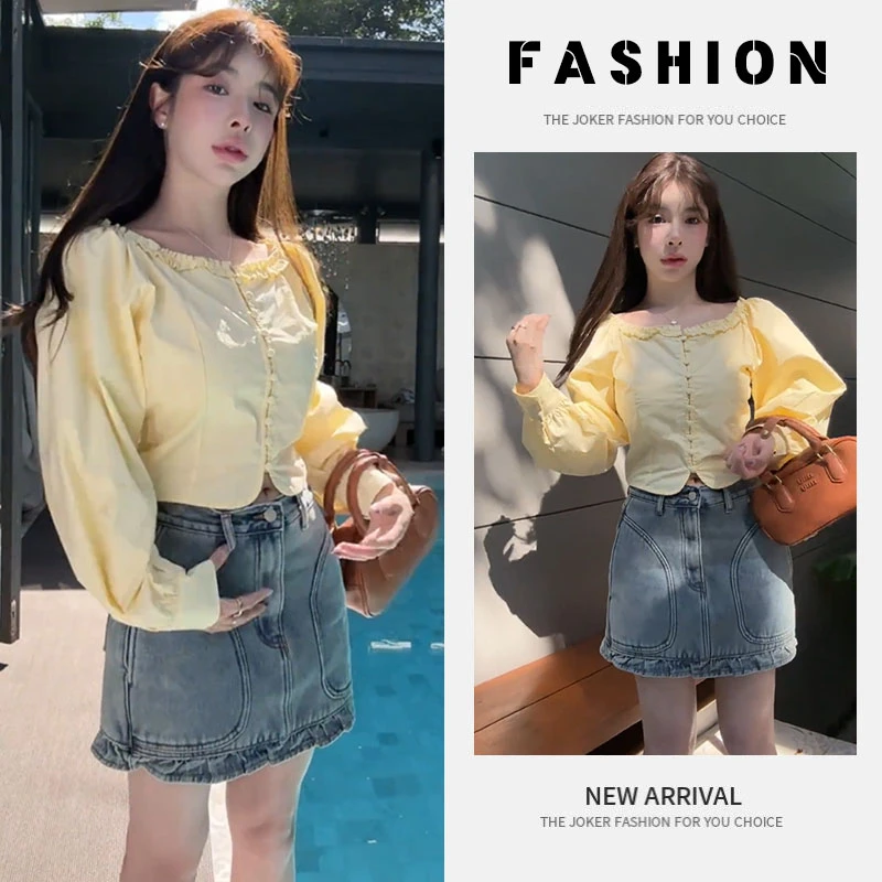 早春一整套女装2025新款韩版黄色方领长袖纽扣衬衫牛仔半裙两件套