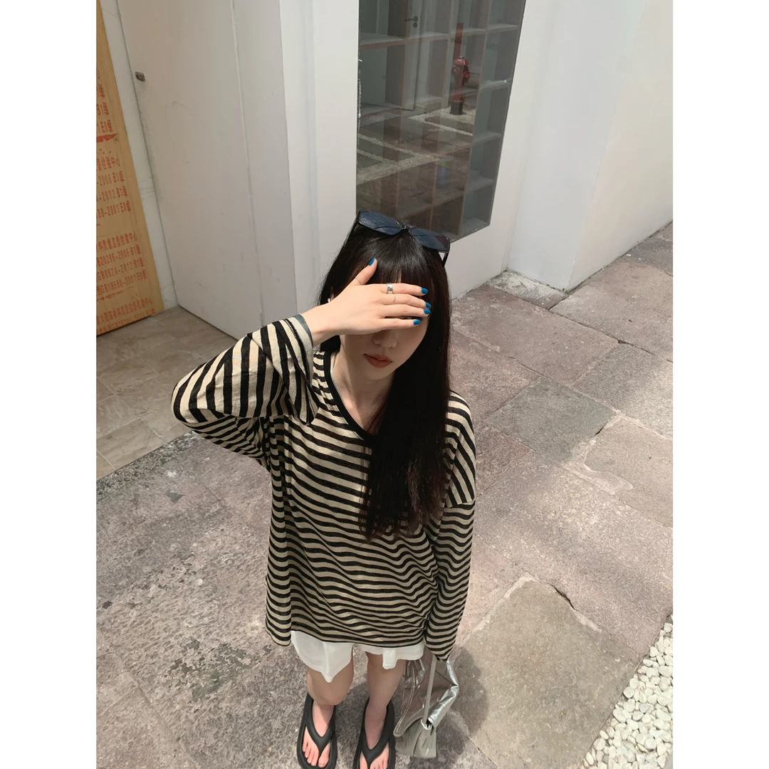 【清苍 梵迪印象】夏季时尚宽松天丝凉感慵懒风薄款条纹长袖T恤