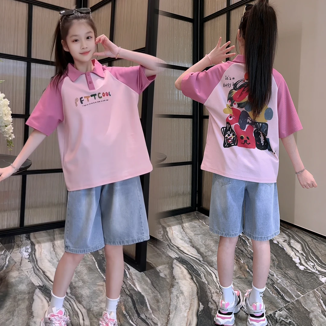 女童夏季涂鸦polot恤牛仔中裤套装2025新款时髦休闲中大童女孩