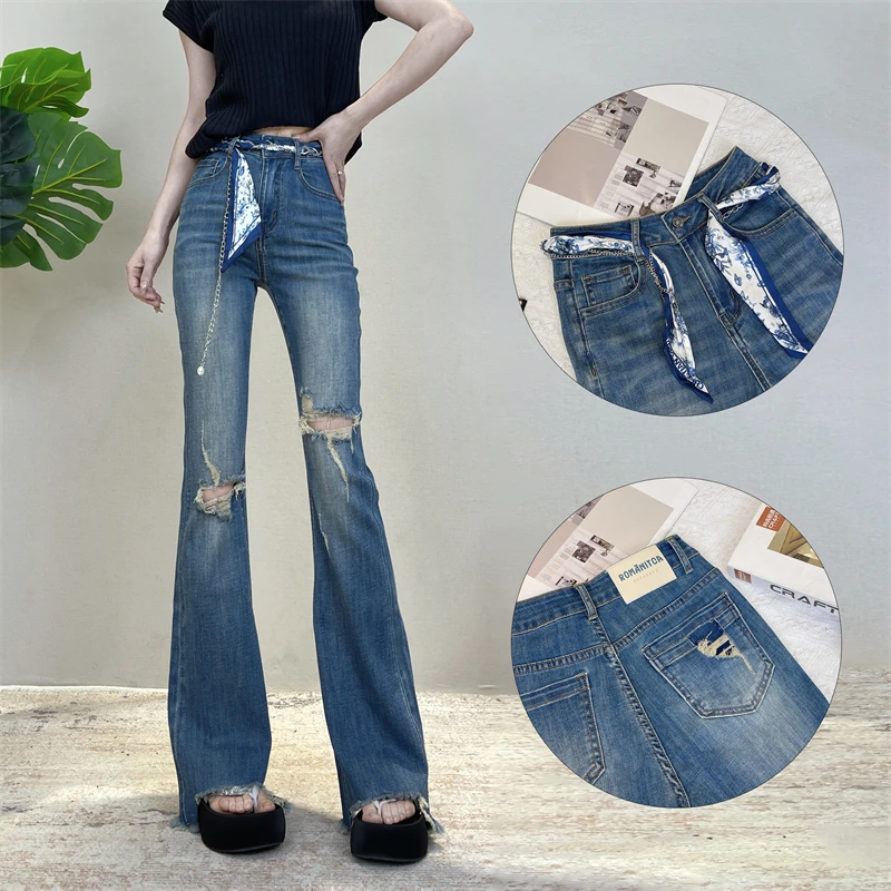 迪否破洞微喇牛仔裤女夏季薄款2025新款时尚高腰显瘦喇叭裤子6085