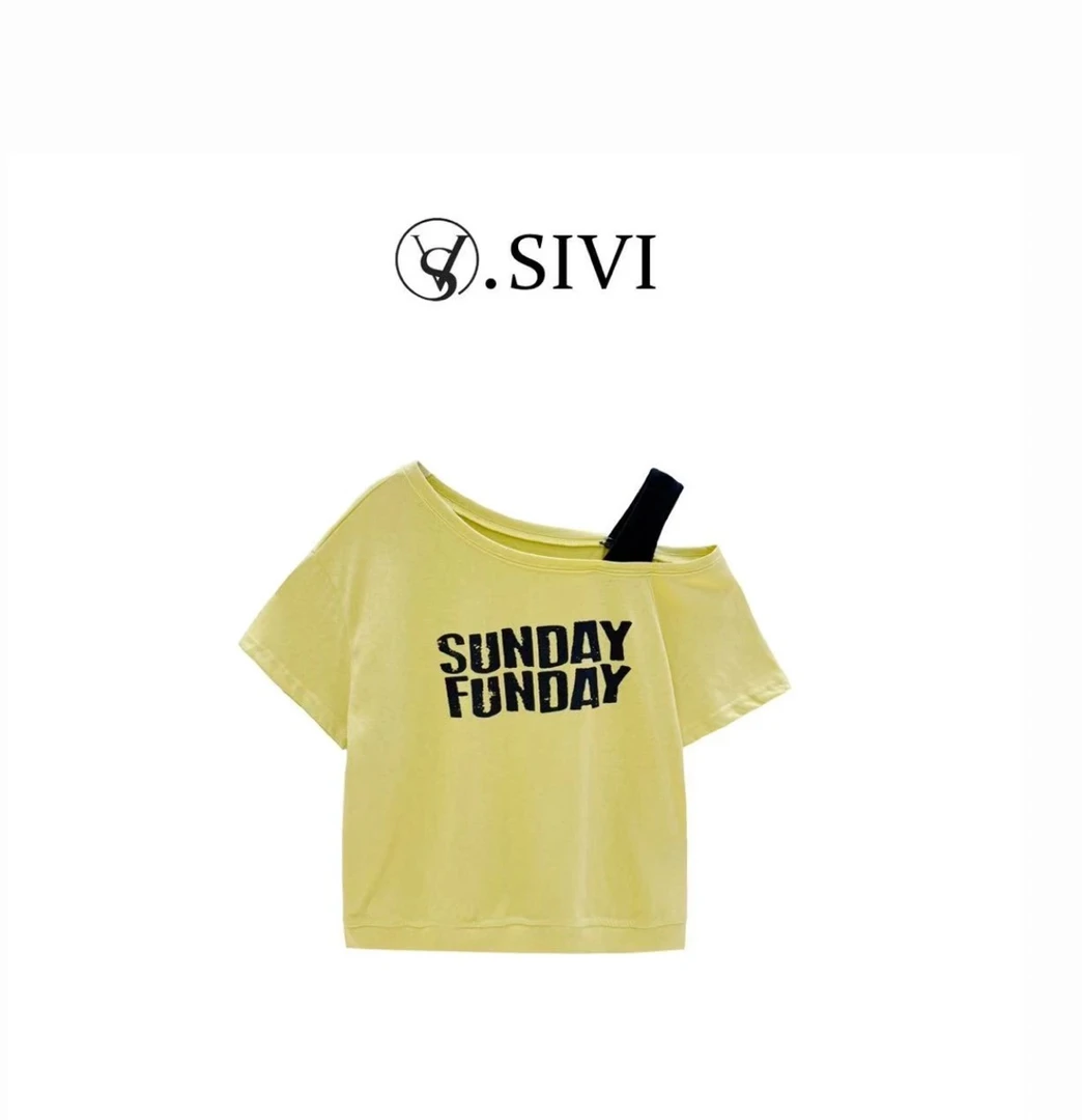 YC-【懒人字母】2025夏季新款字母吊带斜领露肩时尚休闲气质T恤上衣