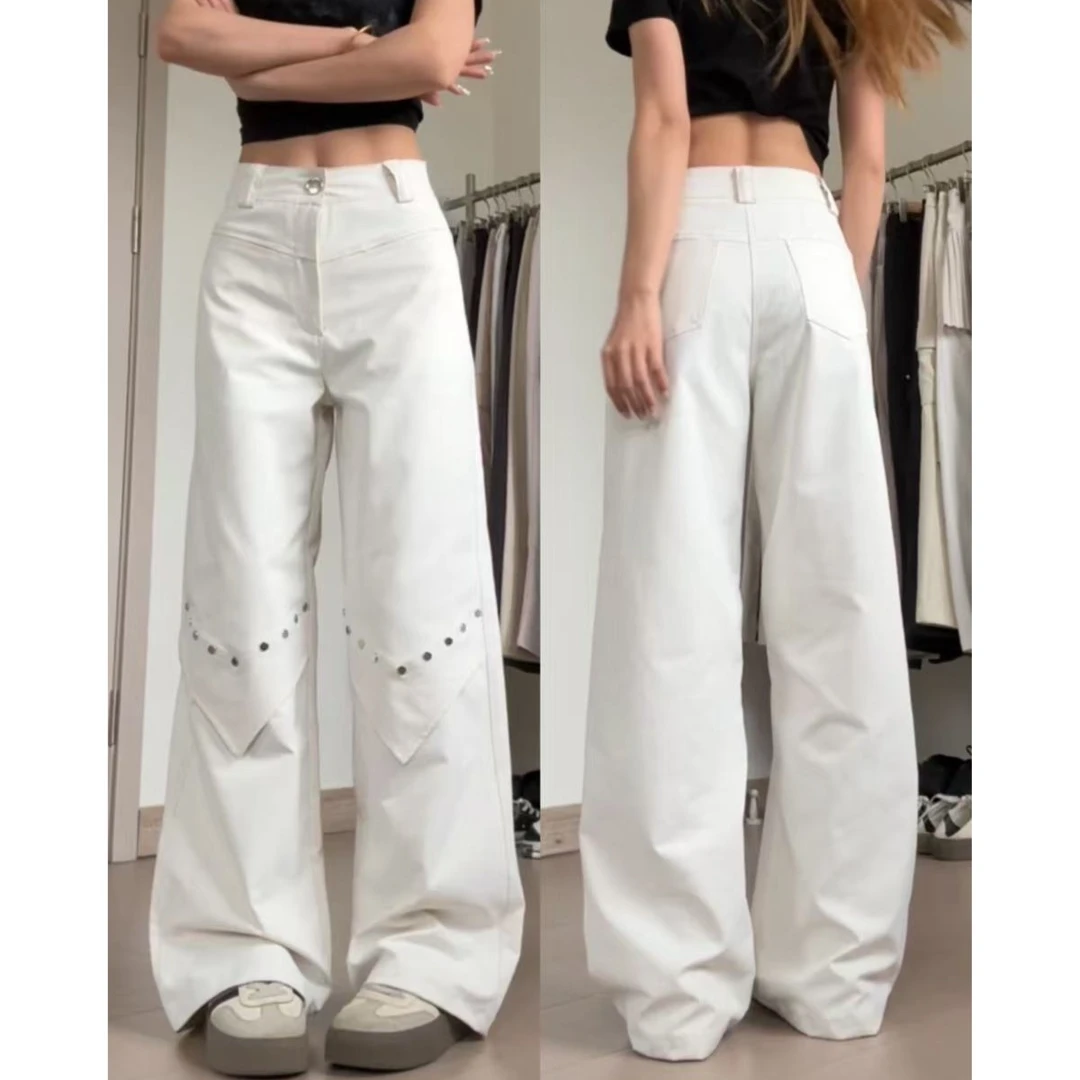 夏季宽松直筒休闲百搭小众倒三角设计感铆钉工装裤