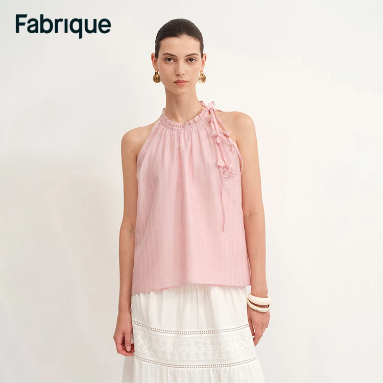 Fabrique Joyce 春夏新款垂樱落花天丝醋酸仙女气质挂脖飘带上衣