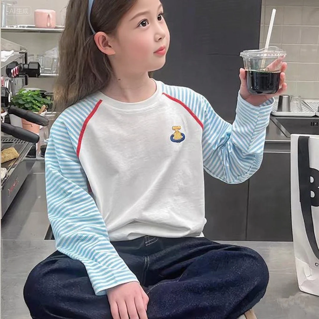2025春秋新款儿童条纹插肩袖撞色上衣女童时尚长袖t恤大童打底衫