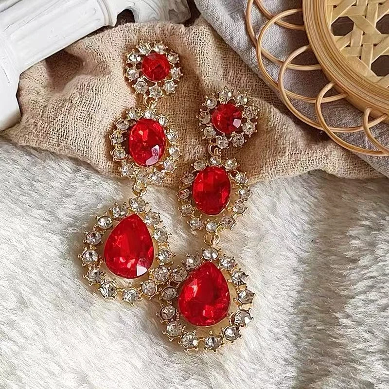 合金亚克力耳饰 复古宫廷红色水滴耳环女新中式耳坠旗袍配饰Z1493