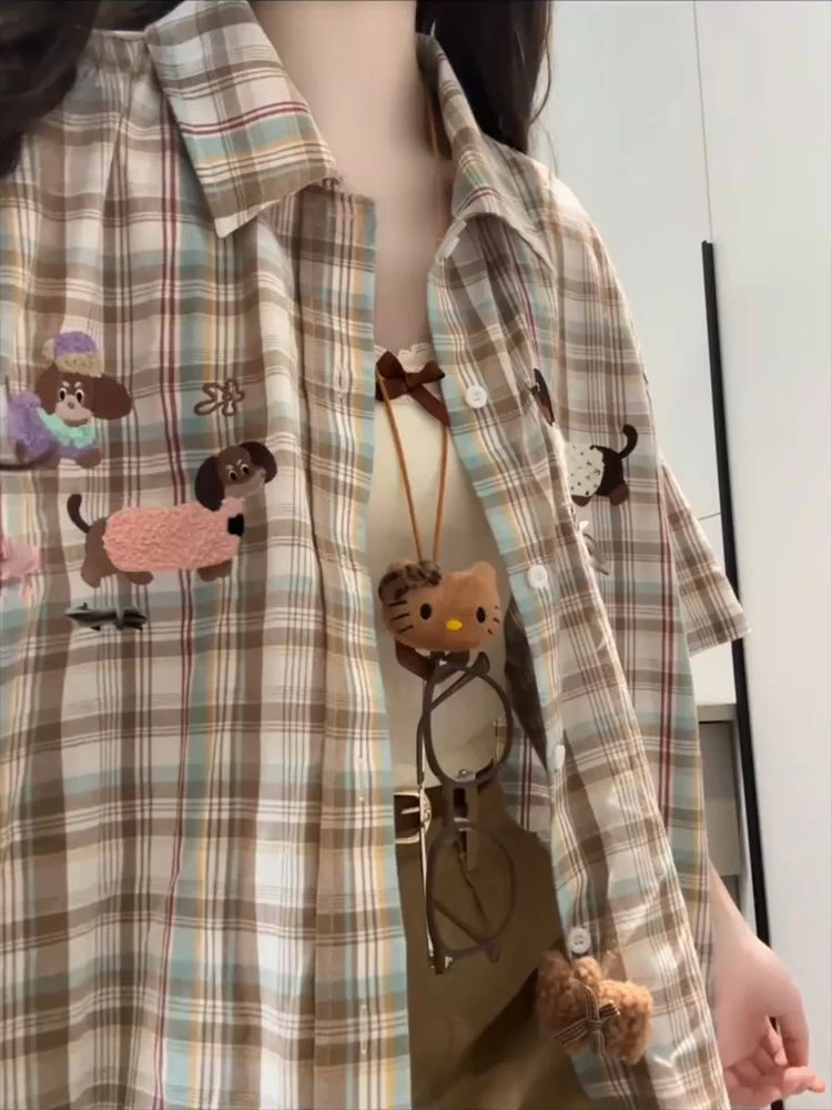 美式趣味小狗毛巾绣格子短袖衬衫女夏季新款宽松休闲衬衣独特上衣