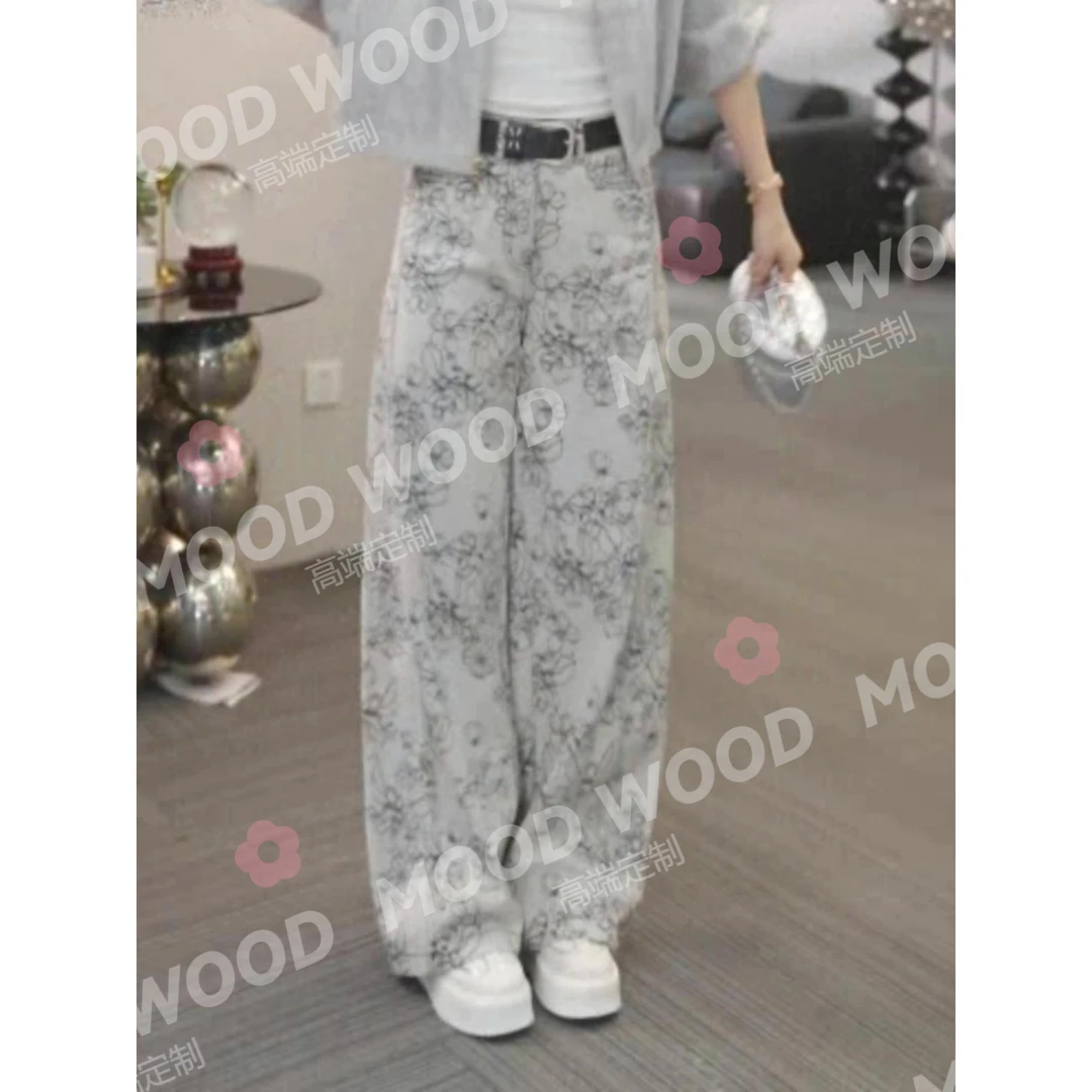 欧洲站女装欧货潮牛仔裤女春季2025新款宽松印花腰带直筒宽腿长裤