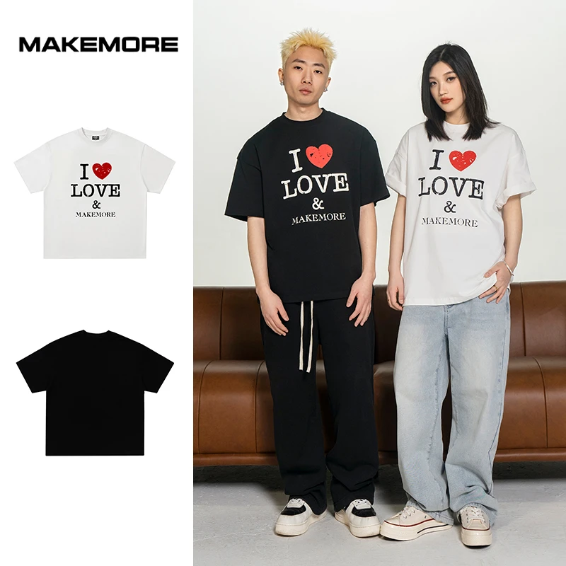 Makemore短袖T恤男新款爱心白色纯棉高级休闲宽松圆领情侣上衣女