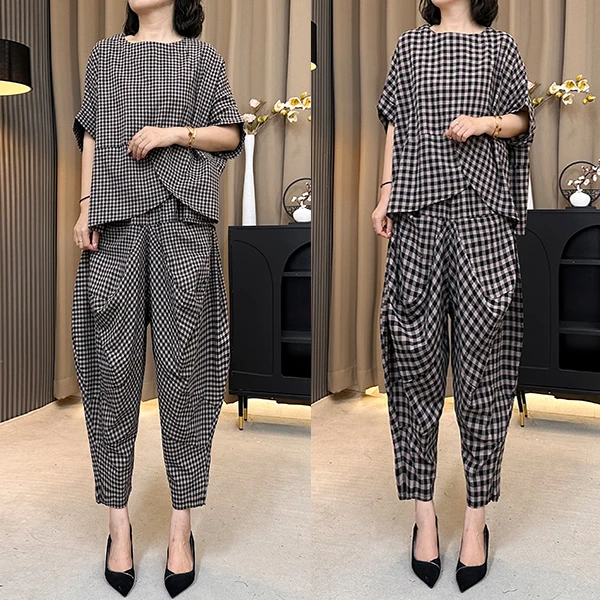 夏季新款棉麻百搭格子套装上衣+裤子休闲时尚气质洋气宽松两件套