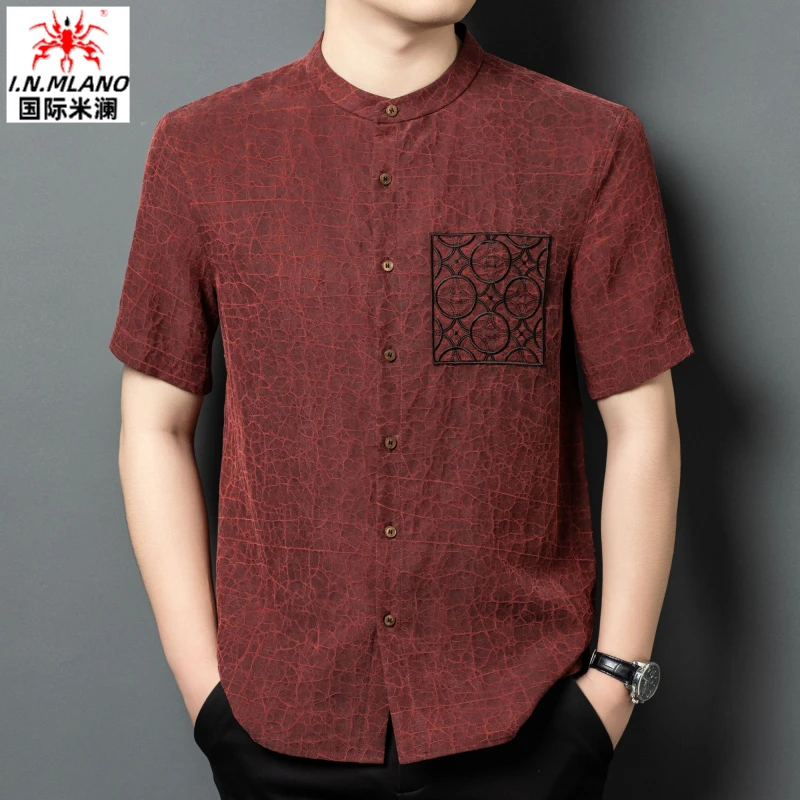 【两面穿】正宗香云纱唐装男短袖桑蚕丝上衣中年真丝中式衬衫中国风